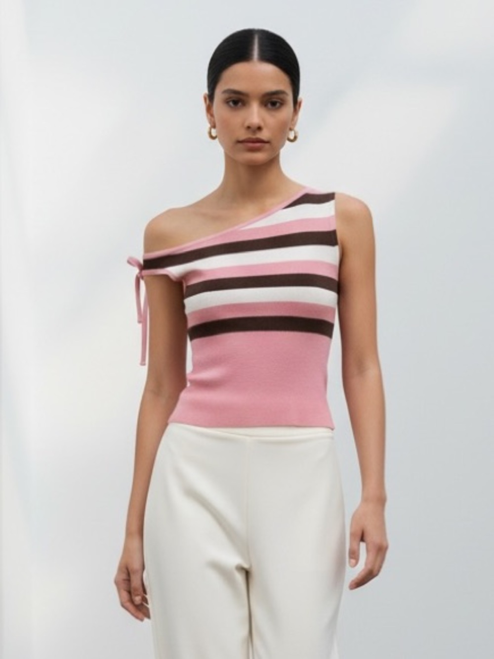 1518 • Mauve Espresso & Cream Rayon Blend Stripe Asymmetric Bow Shoulder Top
